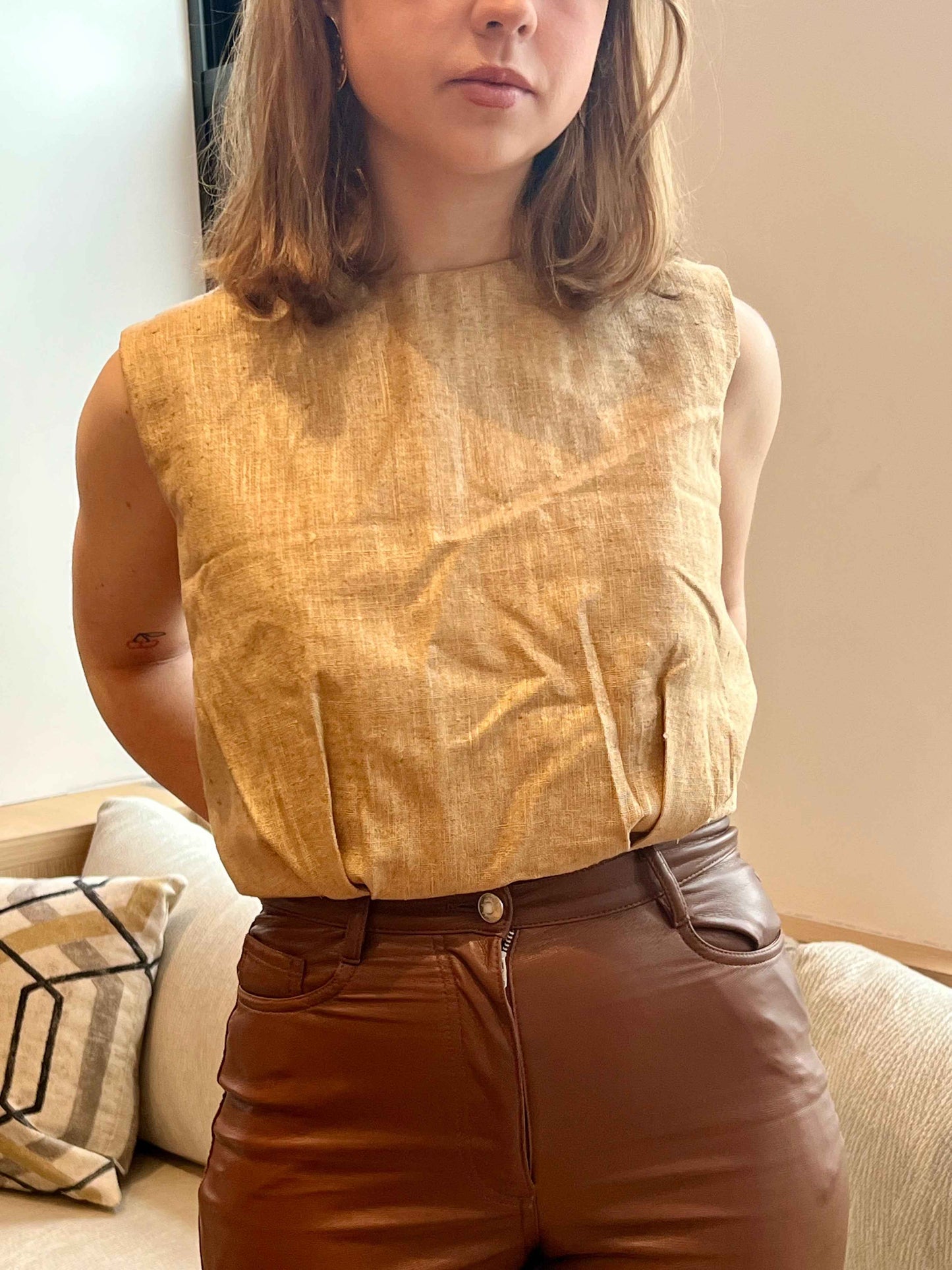 Brown Linen Tie Back Top - Airy Adjustable Fit | Repurposed