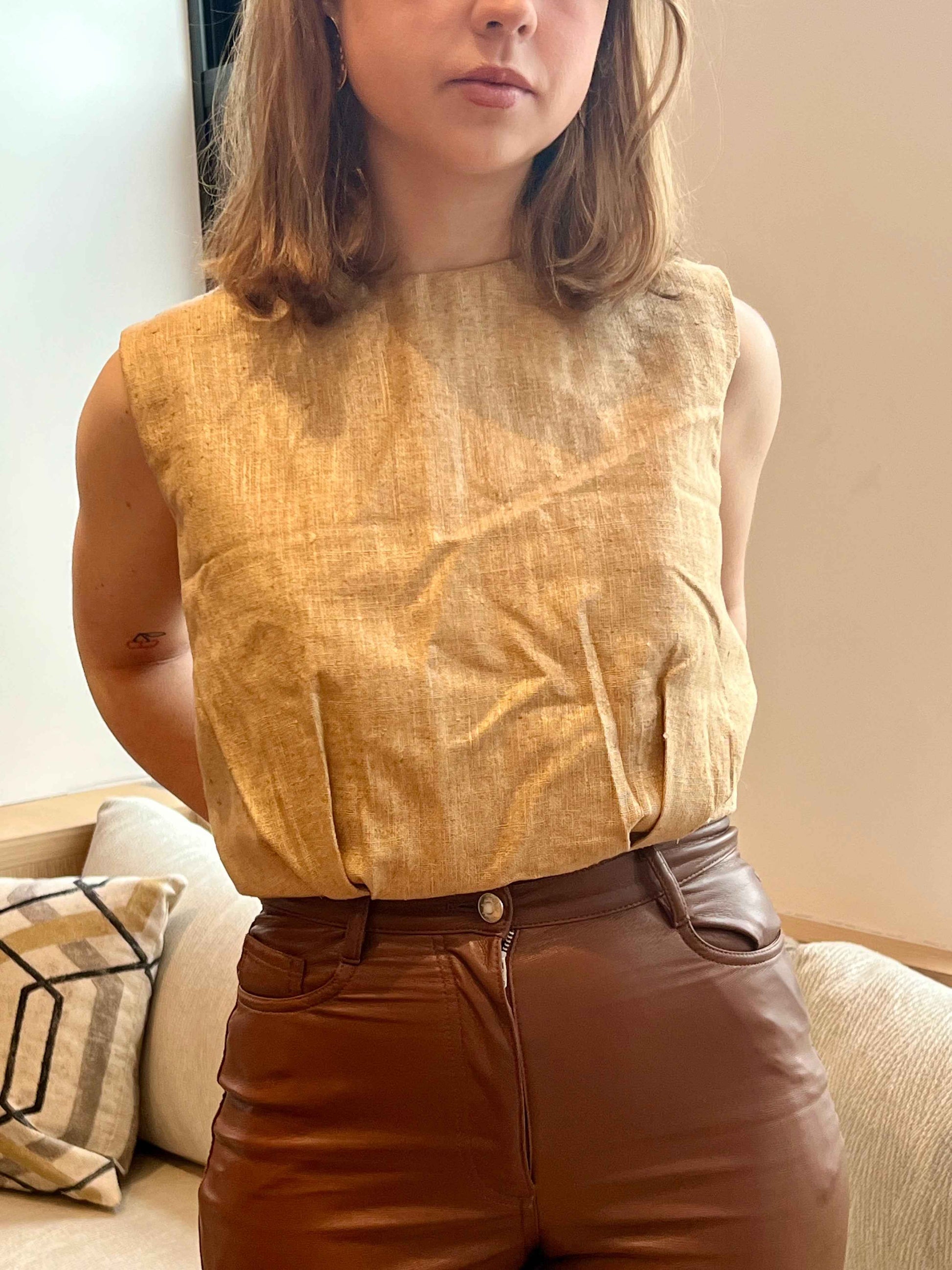 Brown Linen Tie Back Top - Airy Adjustable Fit | Repurposed
