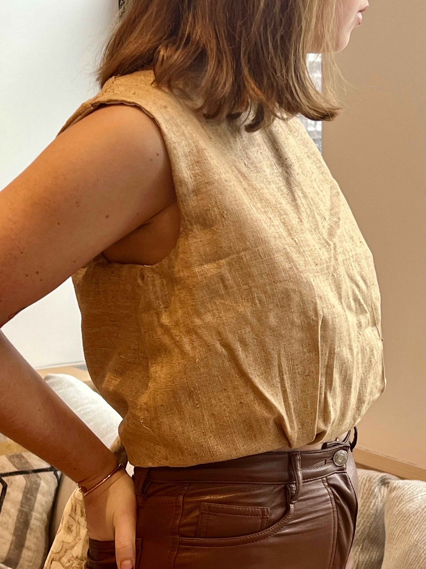 Brown Linen Tie Back Top - Airy Adjustable Fit | Repurposed
