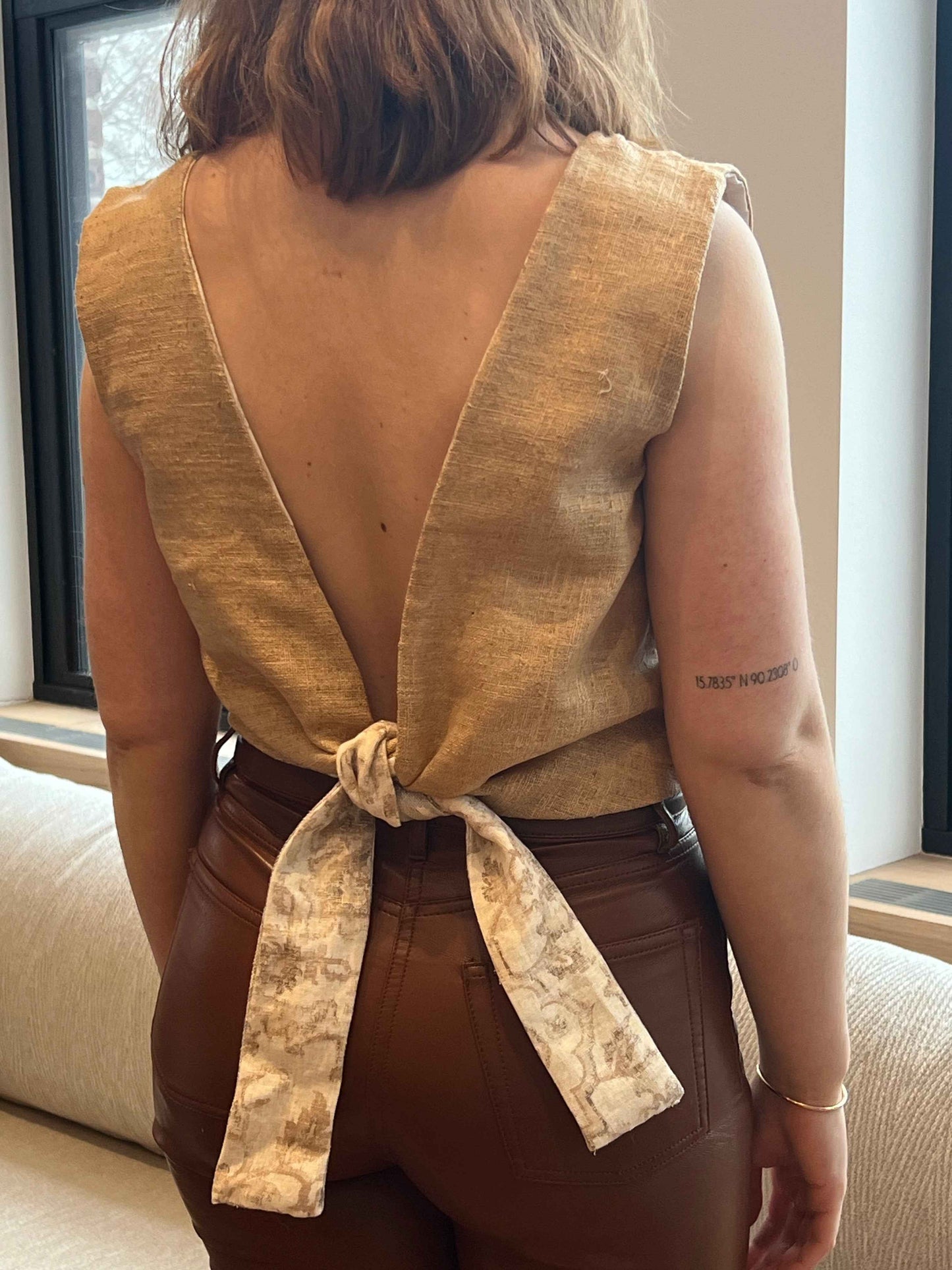 Brown Linen Tie Back Top - Airy Adjustable Fit | Repurposed