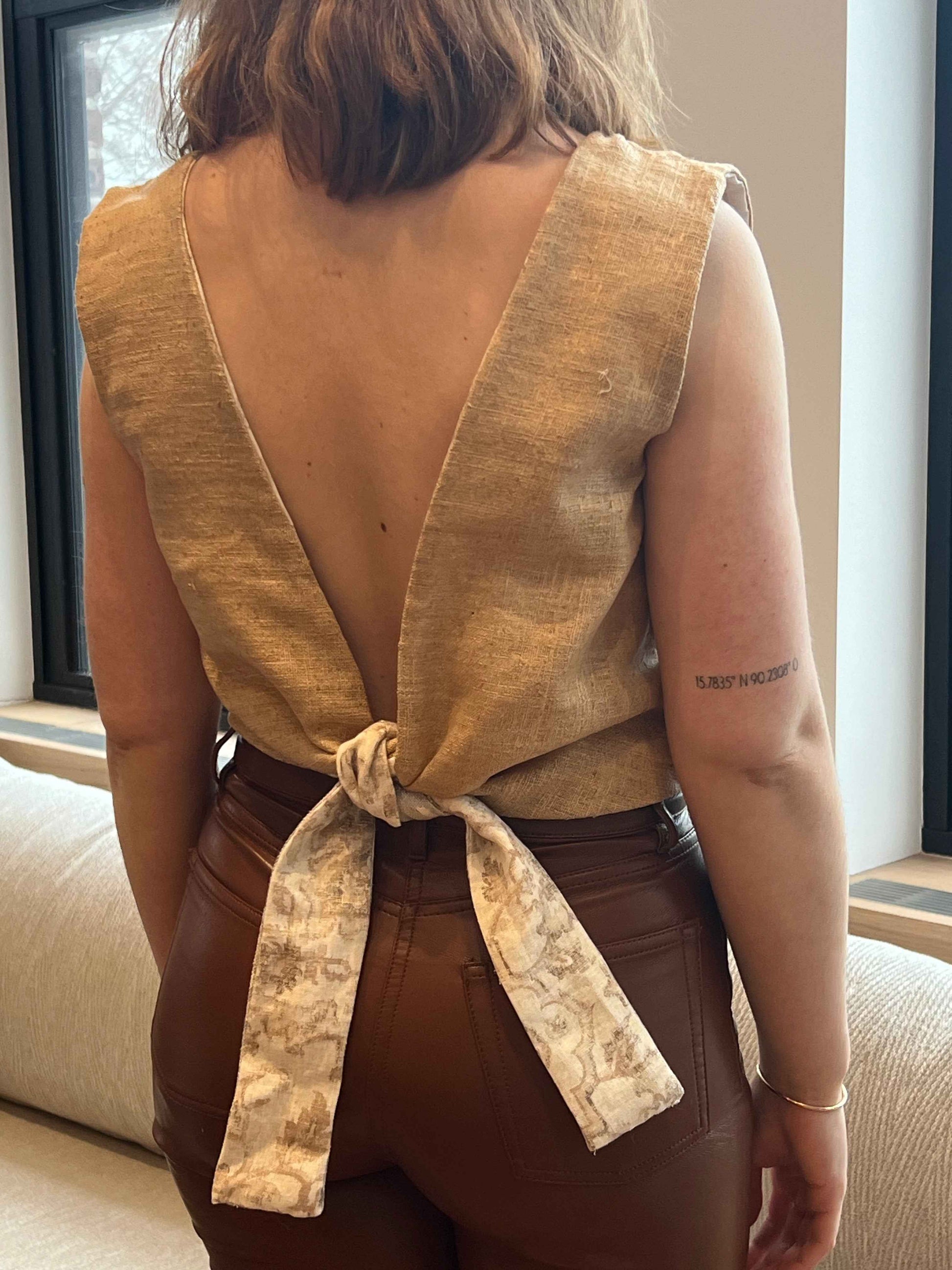 Brown Linen Tie Back Top - Airy Adjustable Fit | Repurposed